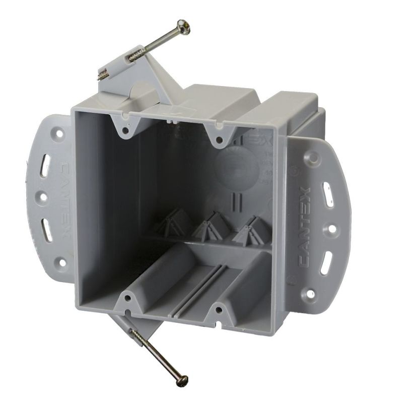CANTEX EZ BOX EZ48DNZ Switch and Outlet Box With Bracket and Wire Clamp, PVC, 48 cu-in Capacity, 2 Gangs, 6.688 in W x 3 in D x 4 in H