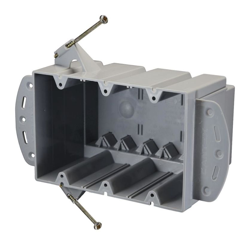 CANTEX EZ BOX EZ74TNZ Switch and Outlet Box With Steel Stud Bracket, Wire Clamp, PVC, 74 cu-in Capacity, 3 Gangs, 12 Knockouts, 4 in H x 8-3/8 in W x 3 in D