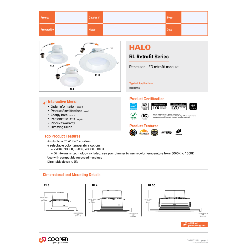 Cooper HALO RL4LS9FSD2W1EWH 4-inch Recessed LED Retrofit Module