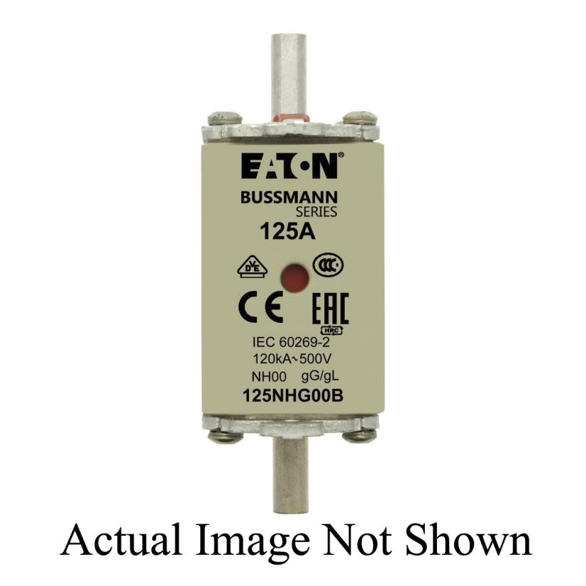 EATON Bussmann Series 125NHG00B Size 00 Class gG/gL Dual Indicator NH Fuse Link With Metal Gripping Lugs, 500 VAC/250 VDC, 125 A, For Use With NH Size Photovoltaic Fuse, Ceramic
