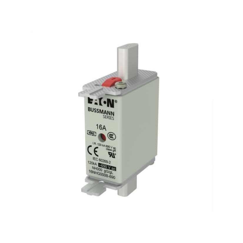 EATON Bussmann Series 16NHG000B Size 000 Class gG/gL Dual Indicator NH Fuse Link With Metal Gripping Lugs, 500 VAC/250 VDC, 16 A, For Use With NH Size Photovoltaic Fuse, Ceramic