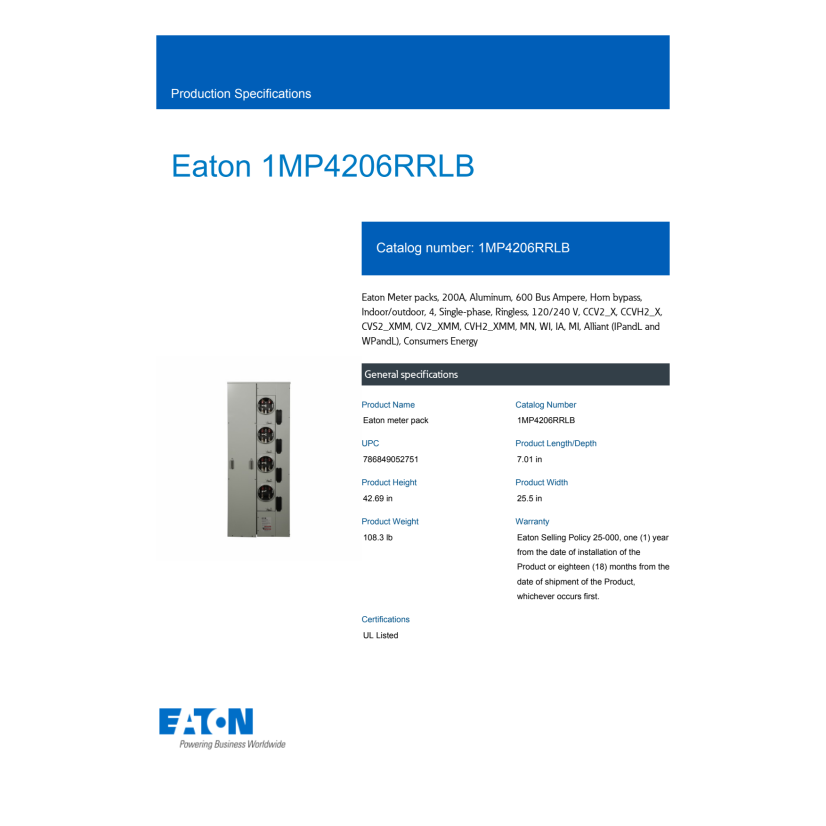 EATON Cutler-Hammer 1MP4206RRLB Ringless Meter Pack w/ Horn Bypass