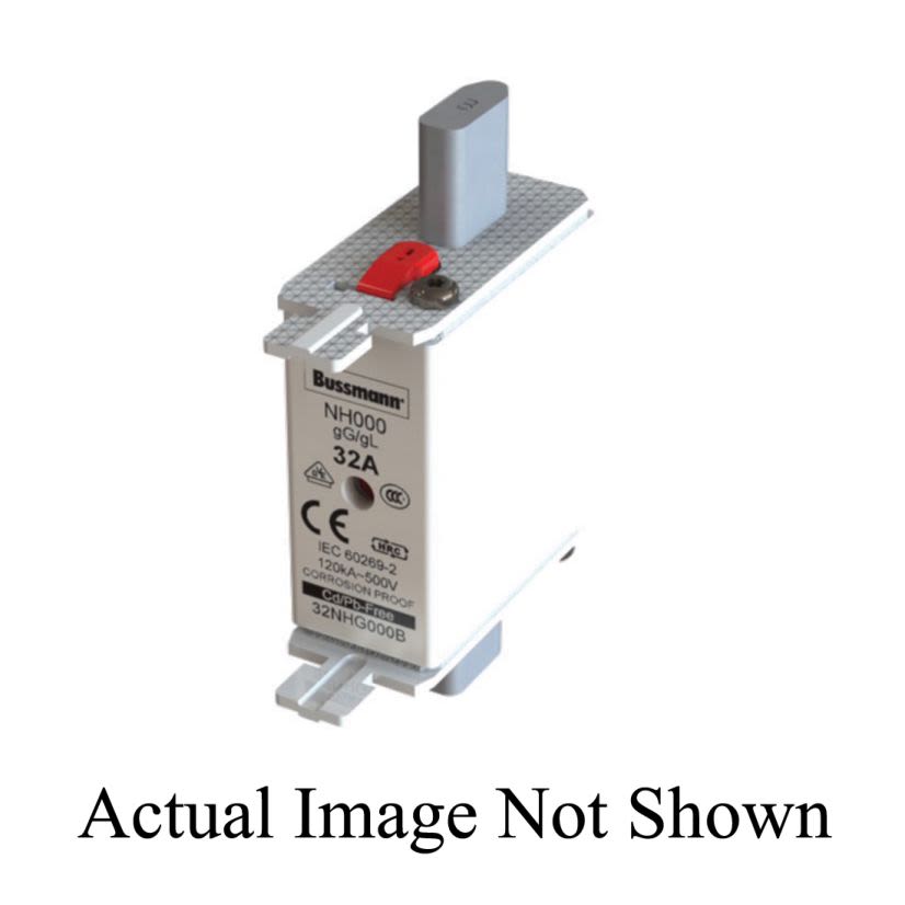 EATON Bussmann Series 32NHG000B Size 000 Class gG/gL Dual Indicator NH Fuse Link With Metal Gripping Lugs, 500 VAC/250 VDC, 32 A, For Use With NH Size Photovoltaic Fuse, Ceramic