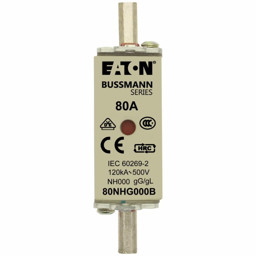EATON Bussmann Series 80NHG000B Size 000 Class gG/gL Dual Indicator NH Fuse Link With Metal Gripping Lugs, 500 VAC/250 VDC, 80 A, For Use With NH Size Photovoltaic Fuse, Ceramic