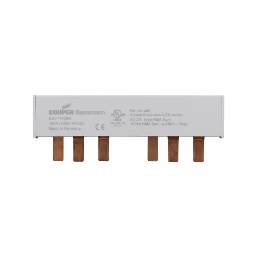 EATON Bussmann Series BB3P100M9 3-Phase 9-Pin Modular Combination Busbar With Assembled End Cap, For Use With Class CC, Supplemental and PV Fuse, 100 A, Class J, 600 VAC/VDC