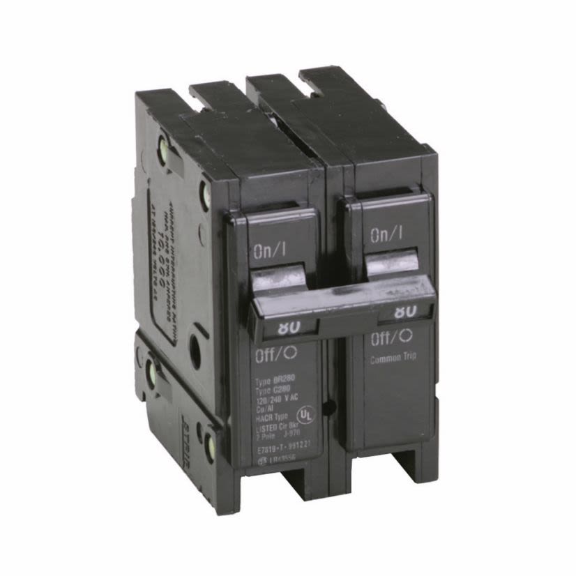 EATON BR280 Type BR Circuit Breaker, 120/240 V AC, 80 A, 10 kA Interrupt, 2 Poles, Thermal Magnetic Trip