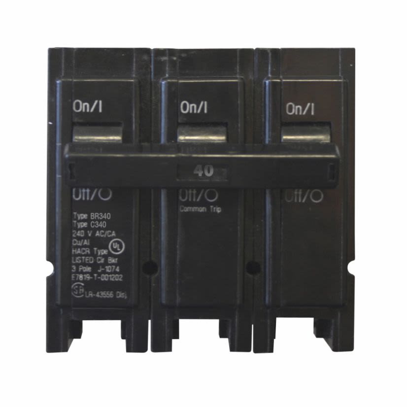 EATON Cutler-Hammer Series BR340 Type BR Circuit Breaker, 240 VAC, 40 A, 10 kA Interrupt, 3 Poles, Common/Thermal Magnetic Trip