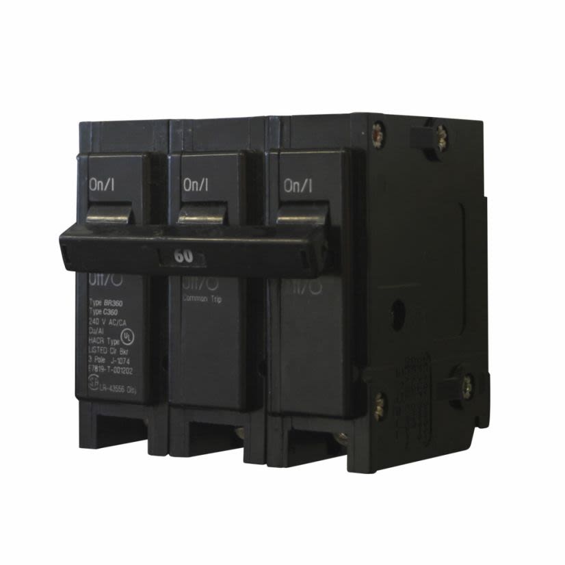 EATON Cutler-Hammer Series BR360 Type BR Circuit Breaker, 240 VAC, 60 A, 10 kA Interrupt, 3 Poles, Common/Thermal Magnetic Trip