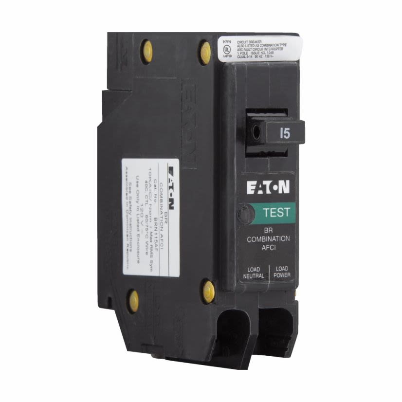 EATON Cutler-Hammer Series BRN115AF AFCI circuit breaker, AFCI Circuit breaker, UL only, 15 A, 10 kAIC, Single-pole, 120 V, BR, Plug-on, #14-8 AWG Cu/Al, Type BR Loadcenters