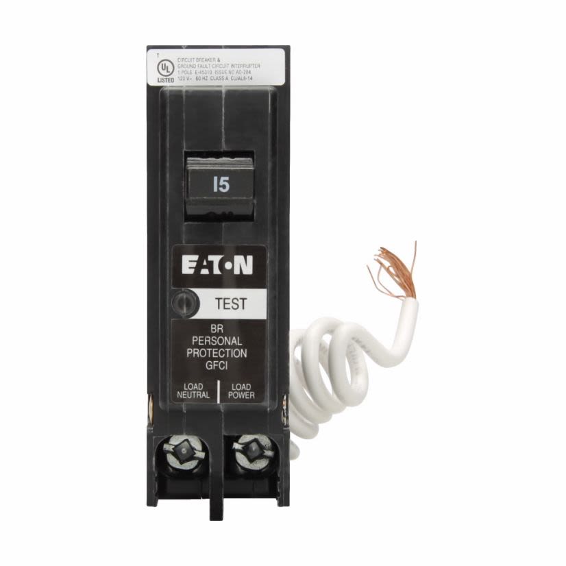 EATON Cutler-Hammer Series BRN115GF GFCI circuit breaker, Plug-in ground fault circuit breaker, 15 A, 10 kAIC, Single-pole, 120/240 V, BRN, Trip-to-center, Plug-on, #14-8 AWG, Ground fault circuit interrupter, GFI