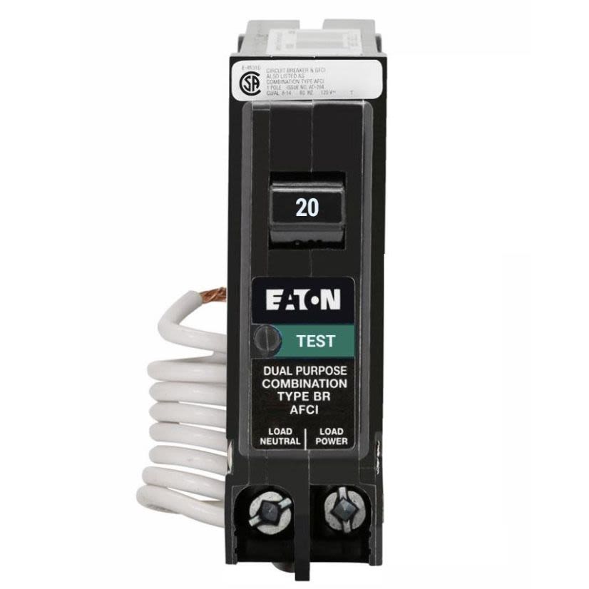 EATON Cutler-Hammer Series BRN120AF AFCI circuit breaker, AFCI Circuit breaker, UL only, 20 A, 10 kAIC, Single-pole, 120 V, BR, Plug-on, #14-8 AWG Cu/Al, Type BR Loadcenters