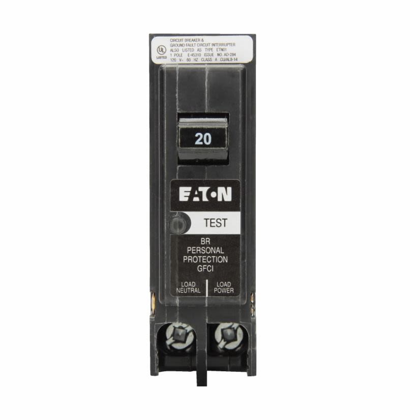 EATON Cutler-Hammer Series BRP120GF GFCI circuit breaker, Plug-in ground fault circuit breaker, 20 A, 10 kAIC, Single-pole, 120/240 V, BRP, Trip-to-center, Plug-on, #14-8 AWG, Ground fault circuit interrupter, GFI, 5 mA
