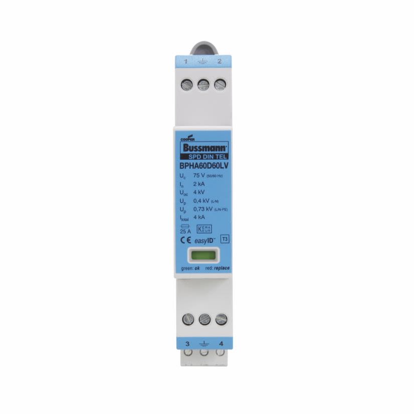 Bussmann easyID BSPH2A24D24LVR 1-Port Modular Surge Protective Device With Remote Signaling Contact, 25 A, 24/30 V AC/DC, 50/60 Hz, 2 Poles