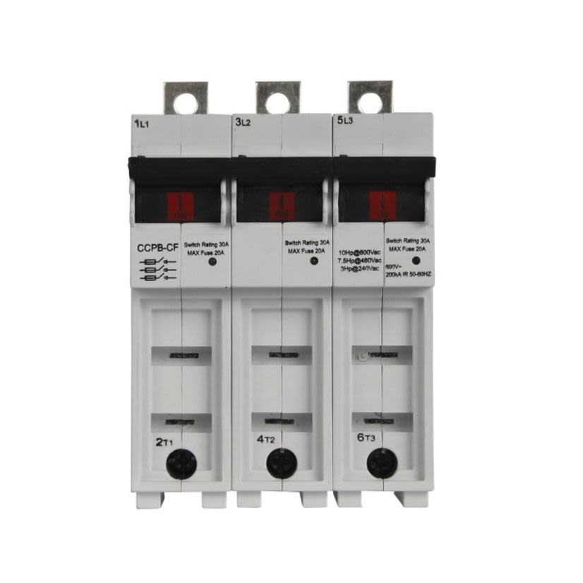 Bussmann CUBEFuse Quik-Spec CCPB-3-30CF Finger Safe Fusible Disconnect Lock-On Provision Compact Circuit Protector Base, 600 VAC, 30 A, 3 Poles, Class CF Fuse, 18 to 4 AWG Wire