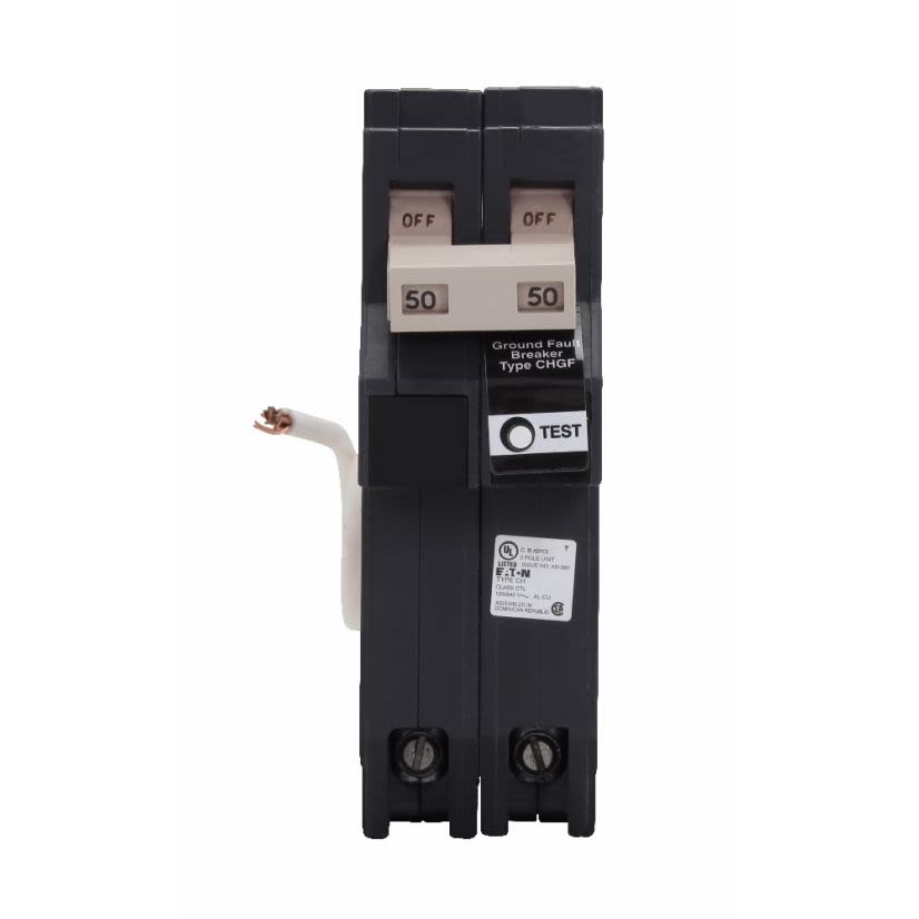 EATON Cutler-Hammer Series CH250GFT Type CH Self Test Ground Fault Circuit Breaker, 120/240 VAC, 50 A, 10 kA Interrupt, 2 Poles, Common Trip