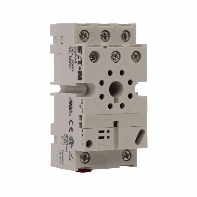 EATON Cutler-Hammer Series D3PA6 D3 Size A Module Finger Safe Octal Relay Socket, 300 VAC, 16 A, For Use With D65PLR Series Monitoring Relay, D3PR2 and D3PF2 Relays, 8 Pin, 2 Poles