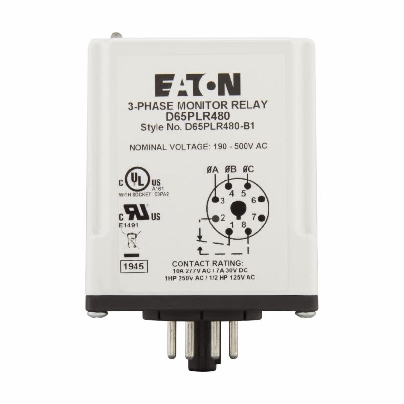 EATON Cutler-Hammer Series D65PLR480 Reversal Phase Loss Monitoring Relay, 240/480 VAC, 10 A, 8 Pins, SPDT