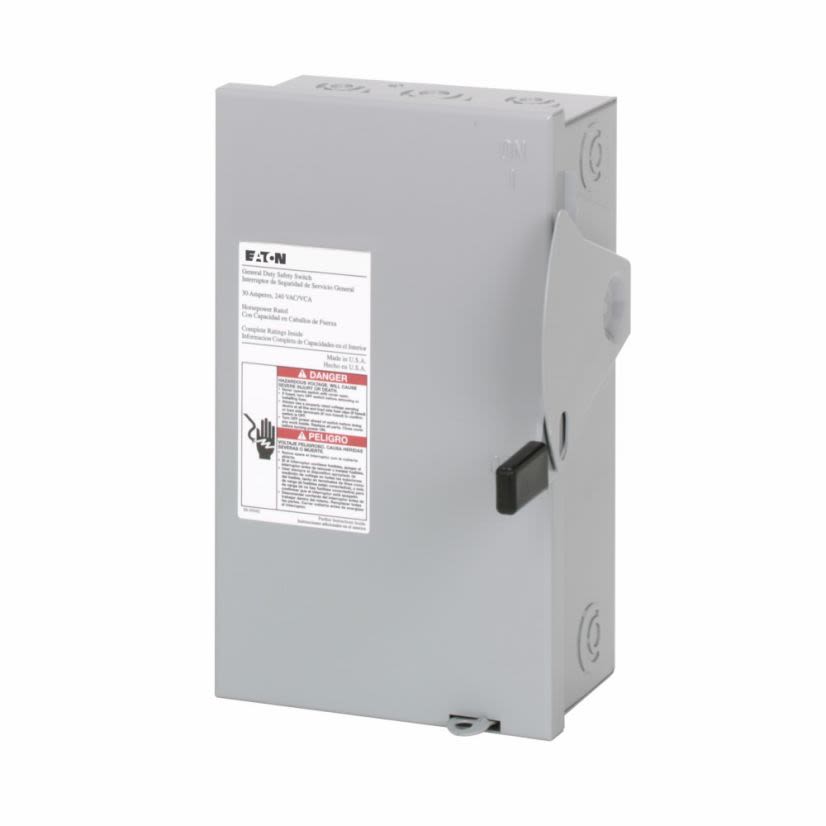 EATON Cutler-Hammer Series DG221NGB DG Series Cartridge Fusible General Duty Safety Switch, 240 VAC, 30 A, 1/2 to 3 hp, 3 to 7-1/2 hp, DPST Contact, 2 Poles