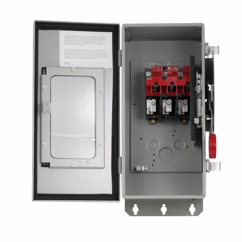 EATON Cutler-Hammer Series DH362UDKW K Series Heavy Duty Non-Fusible Single Throw Safety Switch With Upper Viewing Window, 600 VAC, 60 A, 10 hp, 20 hp, 25 hp, 50 hp, 60 hp, TPST Contact, 3 Poles