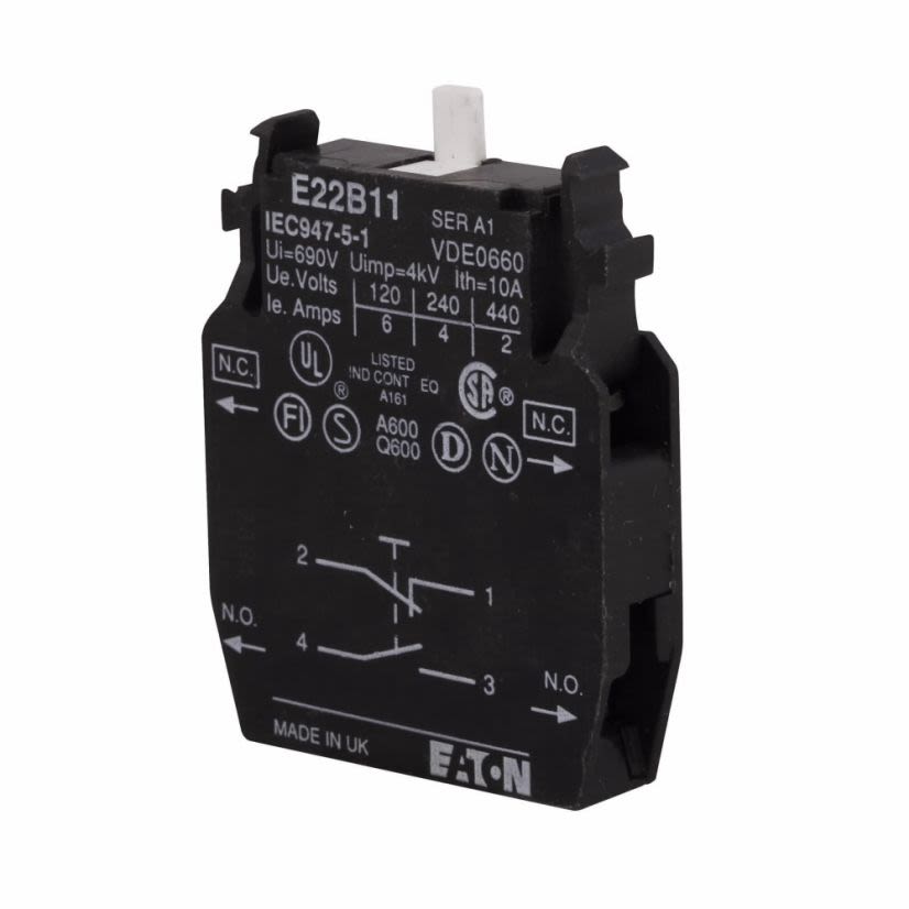 EATON Cutler-Hammer Series E22B20 Heavy Duty Standard Contact Block, 22.5 mm, 2NO Contact, 10 A at 600 VAC, 2.5 A at 600 VDC Contact, Silver Contact