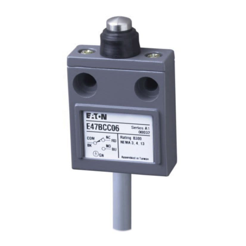 EATON Cutler-Hammer Series E47BCC06 Compact Pre-Wired Limit Switch With Internal Brake Chopper, 250 VAC, 30 VDC, 4/5 A, Sealed Pin Plunger Actuator, SPDT Contact, 1 Pole