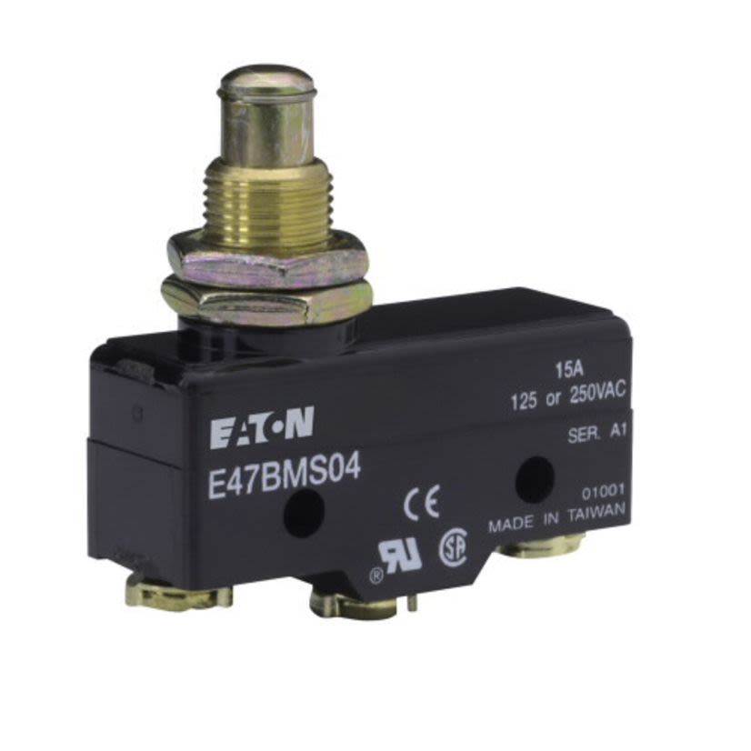 EATON Cutler-Hammer Series E47BMS04 Basic Precision Switch, 250 VAC, 30 VDC, 6/15 A, Extended Straight Plunger Actuator, SPDT Contact, 1 Pole