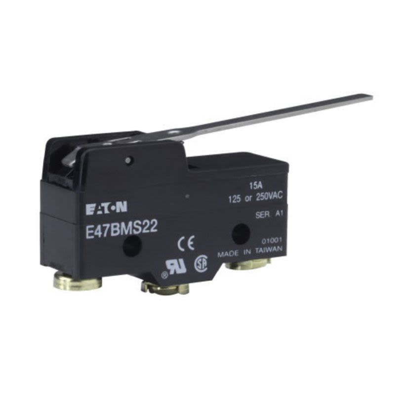 EATON Cutler-Hammer Series E47BMS22 Basic Precision Switch, 250 VAC, 30 VDC, 6/15 A, Straight Lever Actuator, SPDT Contact, 1 Pole