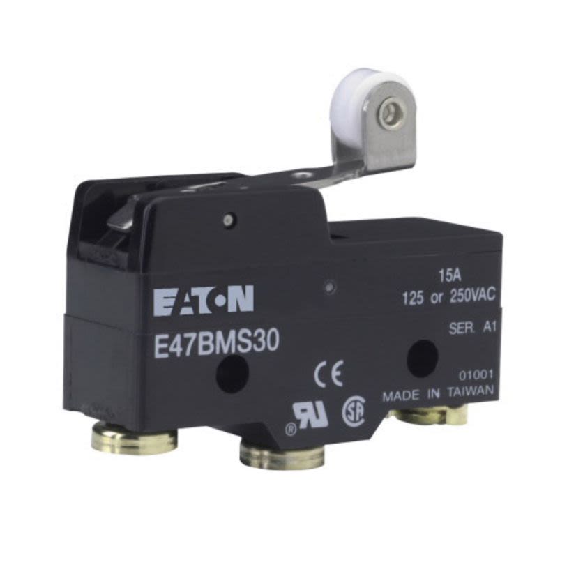 EATON Cutler-Hammer Series E47BMS30 Basic Precision Switch, 250 VAC, 30 VDC, 6/15 A, Lever/Roller Actuator, SPDT Contact, 1 Pole