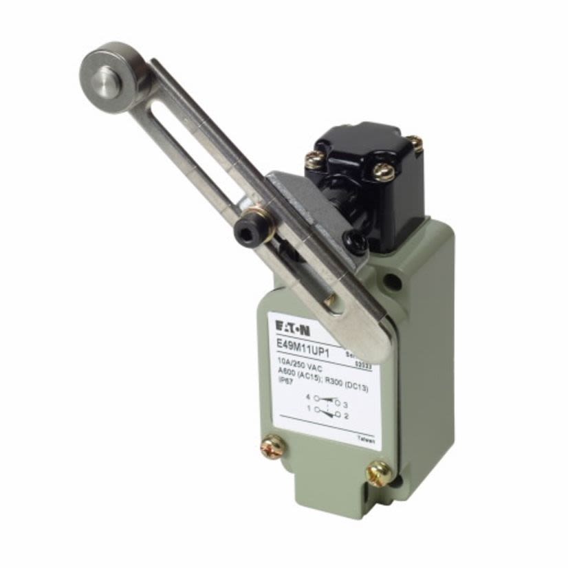 EATON Cutler-Hammer Series E49M11UP1 Assembled Compact Standard Limit Switch, 250 VAC, 24 VDC, 1.5/10 A, Adjustable Roller Lever Actuator, 1NO-1NC Contact