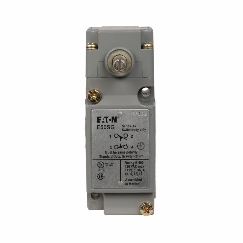 EATON Cutler-Hammer Series E50SG Assembled Limit Switch Body With Thermal and Magnetic Trip, 1NO-1NC Contact, For Use With E50 Series Heavy Duty Plug-In Limit Switch, 5 A at 240 VAC Contact, NEMA 1/3/3S/4/4X/6/6P/13/IP67 Enclosure