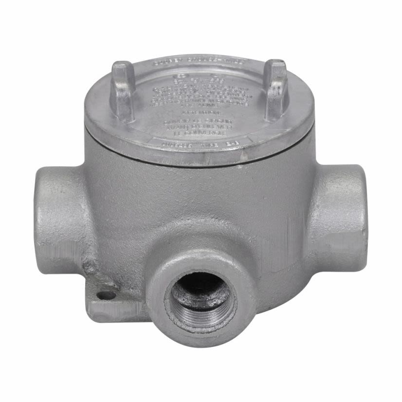 EATON Crouse-Hinds series Condulet EABX26 conduit outlet box with cover, 3" cover opening diameter, Feraloy iron alloy, X shape, 3/4"