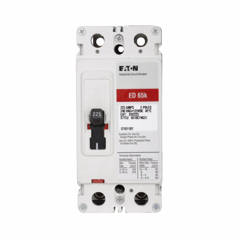 EATON Cutler-Hammer Series ED2125L C Series Type ED Molded Case Circuit Breaker, 240 VAC, 125 VDC, 125 A, 65 kA Interrupt, 2 Poles, Fixed Thermal/Fixed Magnetic/Non-Interchangeable Trip