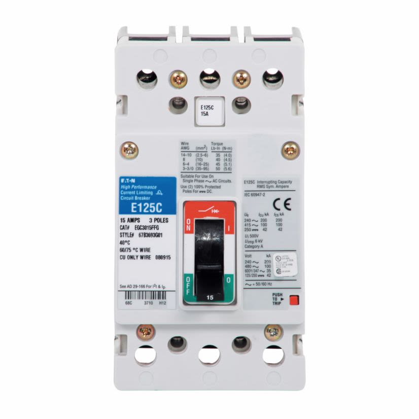 EATON Cutler-Hammer Series EGE3125FFG Type EGE Molded Case Circuit Breaker, 600Y/347 VAC, 125 A, 18/25/35 kA Interrupt, 3 Poles, Fixed Thermal/Fixed Magnetic Trip