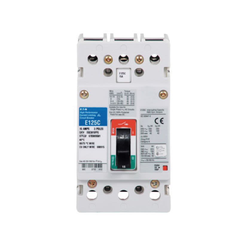 EATON Cutler-Hammer Series EGC3125FFG Molded Case Circuit Breaker, 600Y/347 VAC, 125 A, 35/100/200 kA Interrupt, 3 Poles, Fixed Thermal/Fixed Magnetic Trip