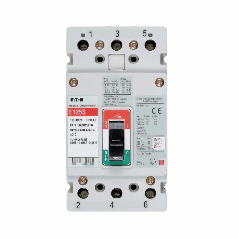 EATON EGS3125FFG Type EGS Molded Case Circuit Breaker, 600Y/347 V AC, 125 A, 22/35/85 kA Interrupt, 3 Poles, Thermal Magnetic Trip