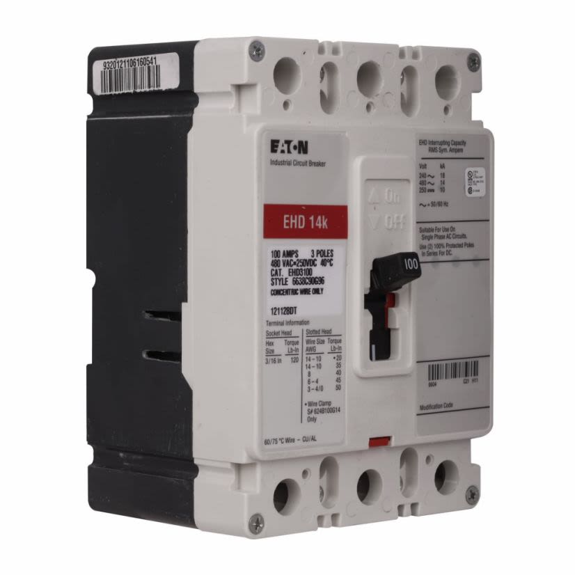 EATON EHD3100 C Series Type EHD Molded Case Circuit Breaker, 480 V AC/250 V DC, 100 A, 14 kAIC at 480 VAC/18 kAIC at 240 VAC Interrupt, 3 Poles, Thermal Magnetic Trip