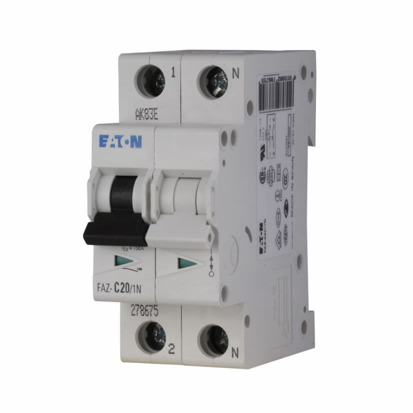 EATON Cutler-Hammer Series FAZ-C20/1-NA-SP Type FAZ-NA Current Limiting Supplementary Protector, 480/277 VAC, 20 A, 10/14 kA Interrupt, 1 Pole, Thermal Magnetic/5 to 10X in Trip