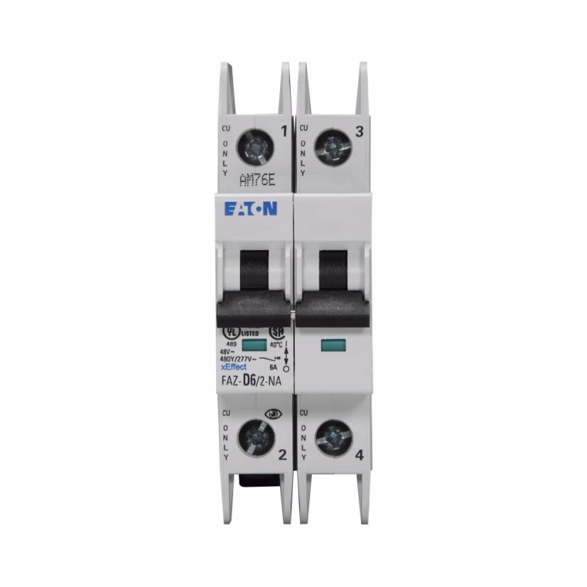 EATON FAZ-D6/2-NA Current Limiting Miniature Circuit Breaker, 277/480 V AC, 6 A, 10 to 14 kA Interrupt, 2 Poles, Thermal Magnetic Trip