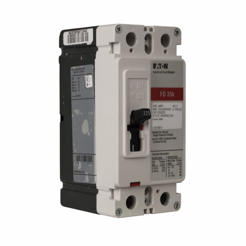 EATON Cutler-Hammer Series FD2050 C Series Type FD Molded Case Circuit Breaker, 600 VAC/250 VDC, 50 A, 35/65 kA Interrupt, 2 Poles, Fixed Thermal/Fixed Magnetic/Non-Interchangeable Trip