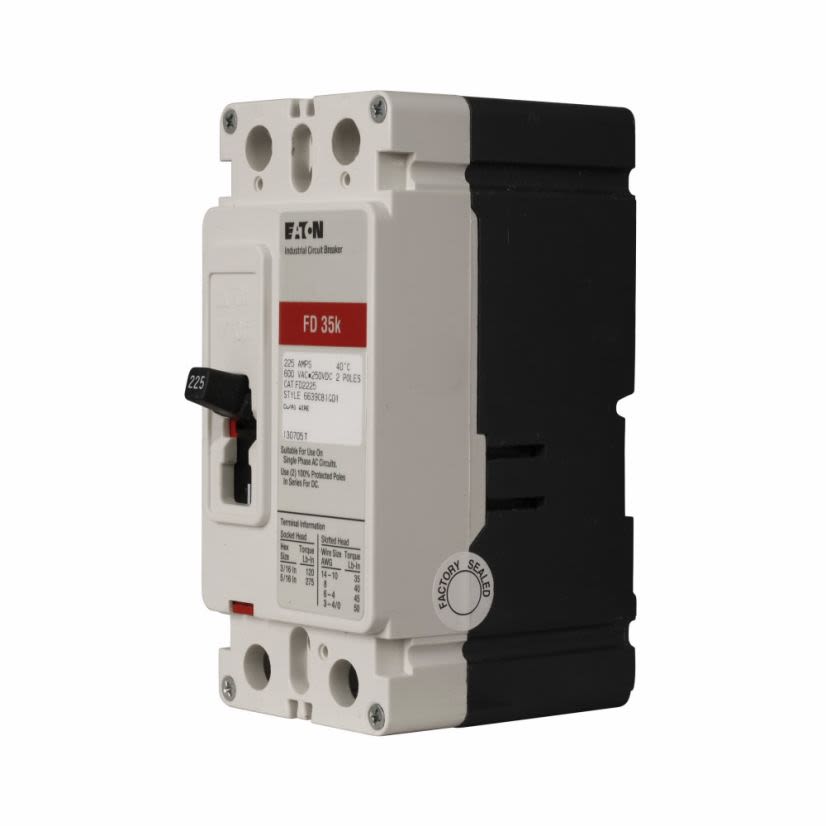 EATON Cutler-Hammer Series FD2060 C Series Type FD Molded Case Circuit Breaker, 600 VAC/250 VDC, 60 A, 35/65 kA Interrupt, 2 Poles, Fixed Thermal/Fixed Magnetic/Non-Interchangeable Trip