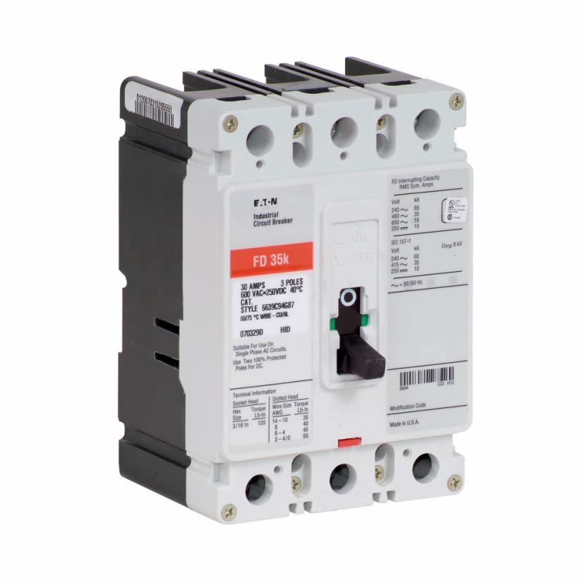 EATON FD3175 C Series Type FD Molded Case Circuit Breaker, 600 V AC/250 V DC, 175 A, 35 kAIC at 480 VAC/65 kAIC at 240 VAC Interrupt, 3 Poles, Thermal Magnetic Trip