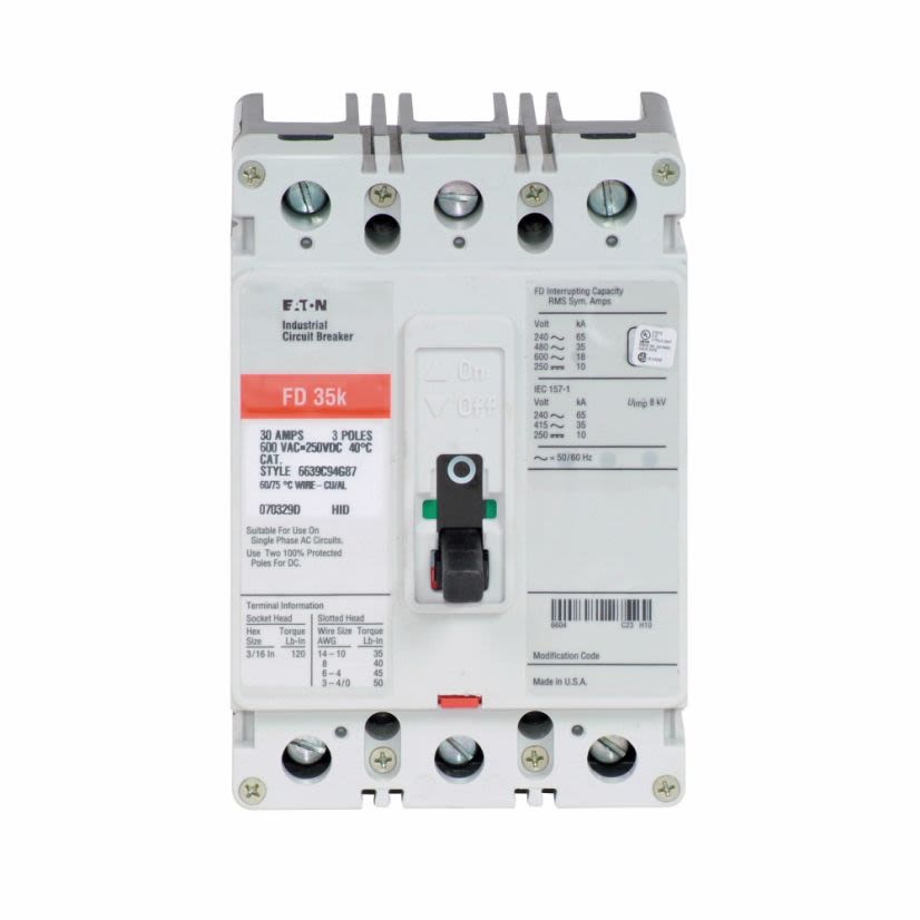 EATON Cutler-Hammer Series FD3200 C Series Type FD Molded Case Circuit Breaker, 600 VAC/250 VDC, 200 A, 35/65 kA Interrupt, 3 Poles, Fixed Thermal/Fixed Magnetic/Non-Interchangeable Trip