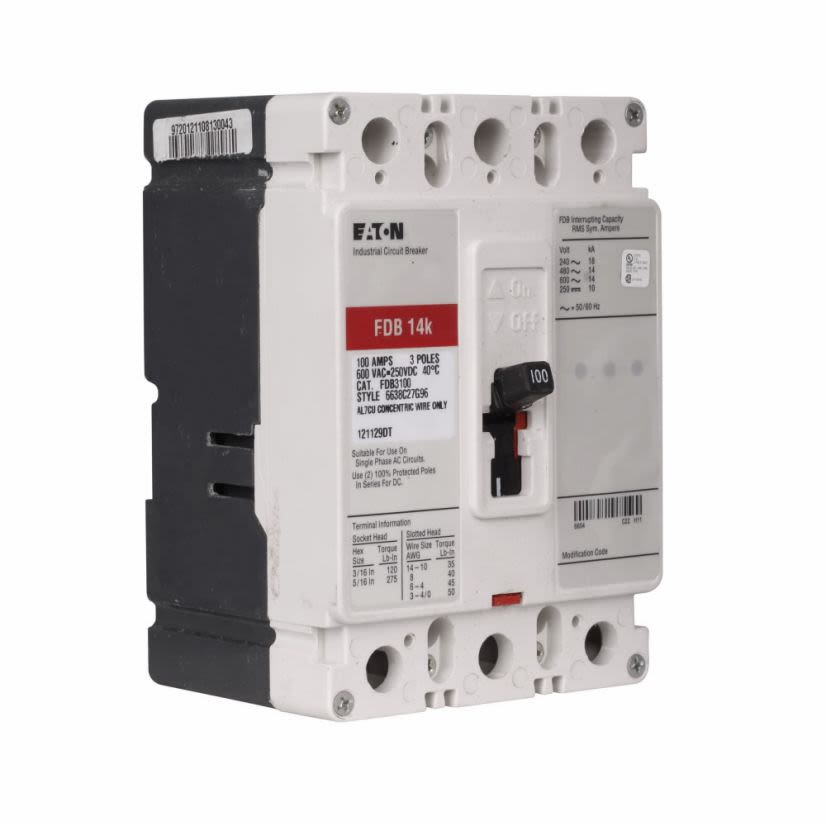 EATON FDB3125 C Series Type FDB Molded Case Circuit Breaker, 600 V AC/250 V DC, 125 A, 14 kAIC at 480 VAC/18 kAIC at 240 VAC Interrupt, 3 Poles, Thermal Magnetic Trip