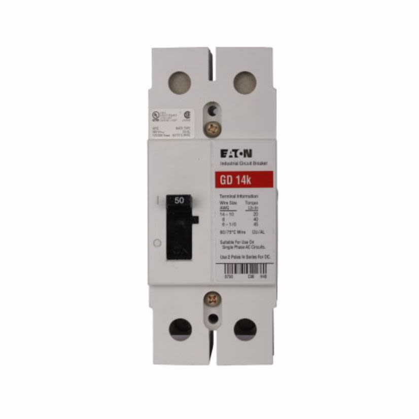 EATON GD2050D C Series Type GD Molded Case Circuit Breaker, 480 VAC, 125/250 VDC, 50 A, 14/65 kA Interrupt, 2 Poles, Thermal Magnetic Trip