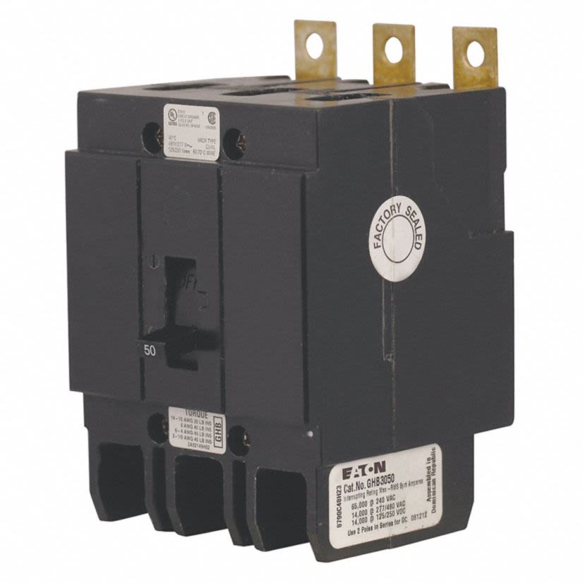 EATON Cutler-Hammer Series GHB3045 C Series Type GHB Molded Case Circuit Breaker, 277/480Y VAC/125/250 VDC, 45 A, 14/65 kA Interrupt, 3 Poles, Fixed Thermal/Fixed Magnetic/Non-Interchangeable Trip