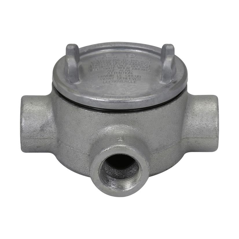 EATON Crouse-Hinds series Condulet GUAX26 conduit outlet box with cover, 3 Inch cover opening diameter, Feraloy iron alloy, X shape, 3/4 Inch