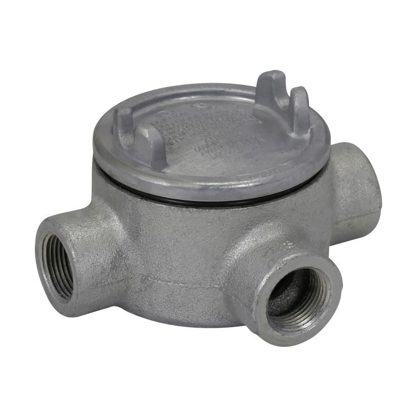 EATON Crouse-Hinds series Condulet GUAT26 conduit outlet box with cover, 3 Inch cover opening diameter, Feraloy iron alloy, T shape, 3/4 Inch