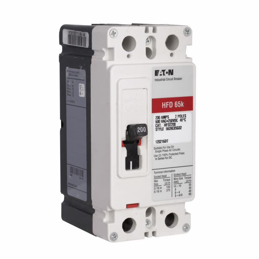 EATON HFD2100L C Series Type HFD Molded Case Circuit Breaker, 600 V AC/250 V DC, 100 A, 100 kAIC at 240 VAC/65 kAIC at 480 VAC Interrupt, 2 Poles, Thermal Magnetic Trip