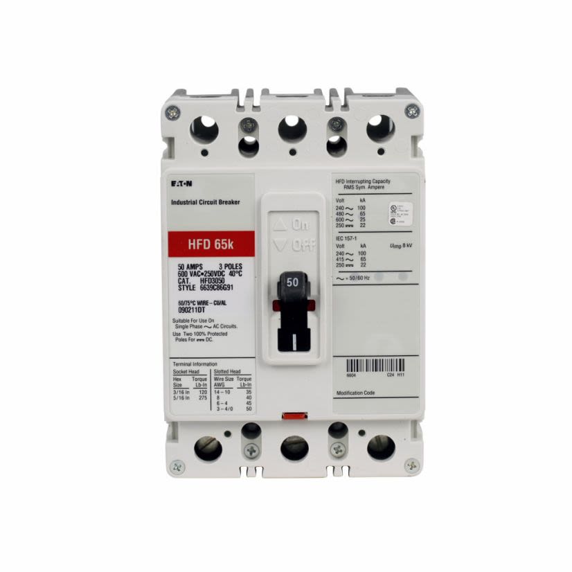 EATON HFD3020L C Series Type HFD Molded Case Circuit Breaker, 600 V AC/250 V DC, 20 A, 100 kAIC at 240 VAC/65 kAIC at 480 VAC Interrupt, 3 Poles, Thermal Magnetic Trip