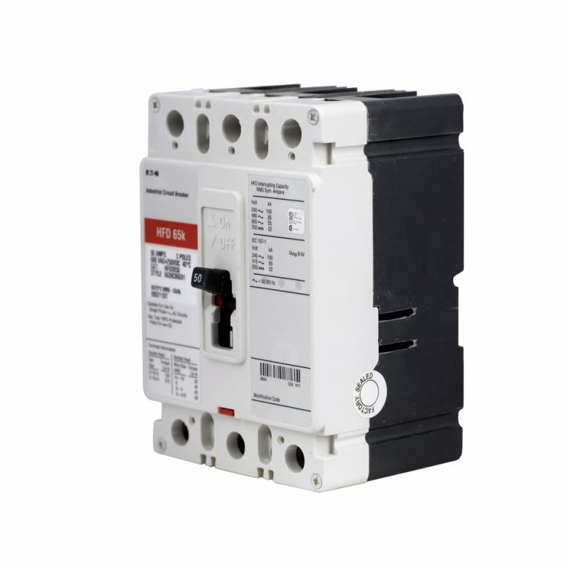 EATON HFD3030L C Series Type HFD Molded Case Circuit Breaker, 600 V AC/250 V DC, 30 A, 100 kAIC at 240 VAC/65 kAIC at 480 VAC Interrupt, 3 Poles, Thermal Magnetic Trip